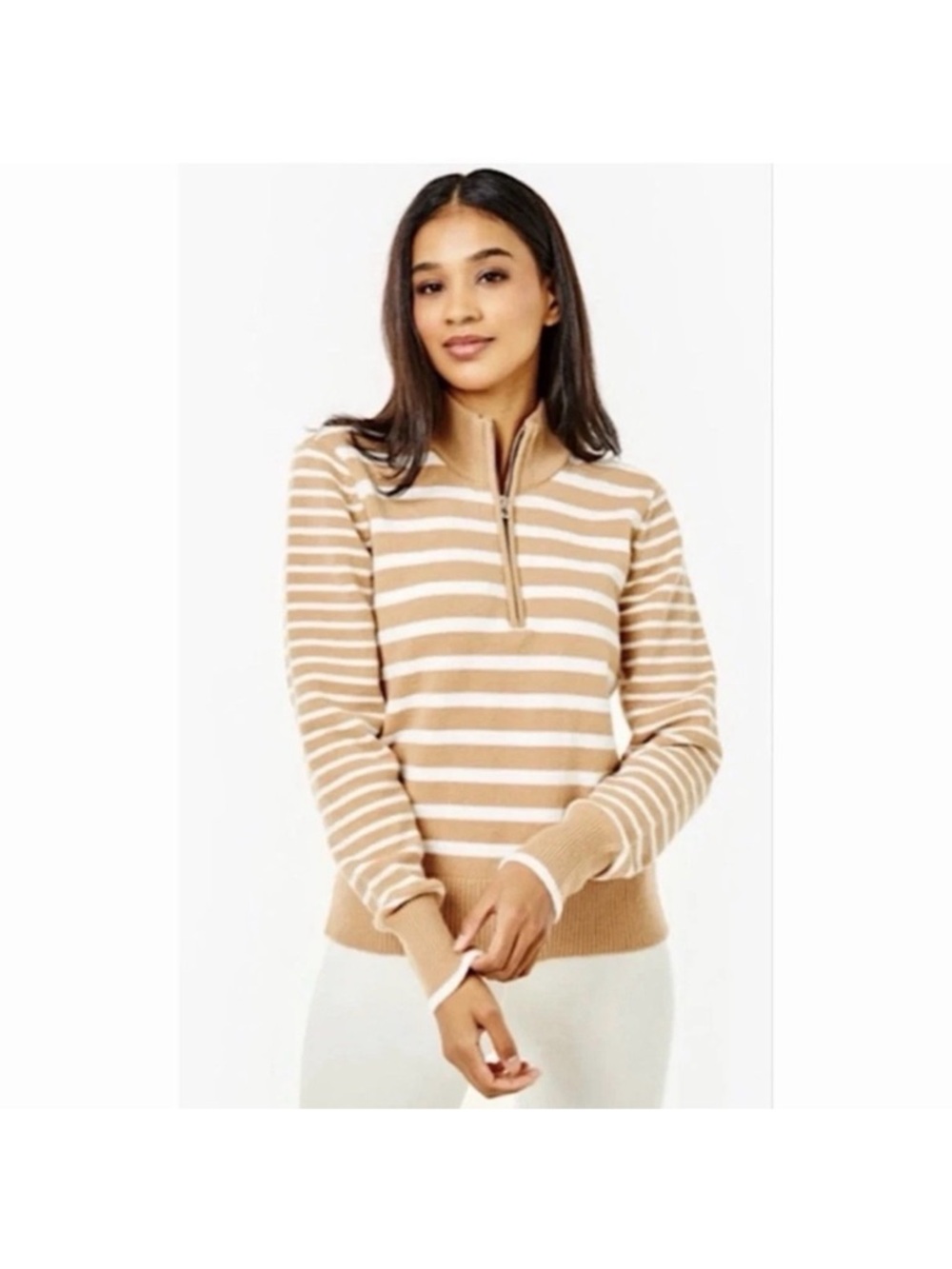 Striped Half-Zip Sweater in Camel and White